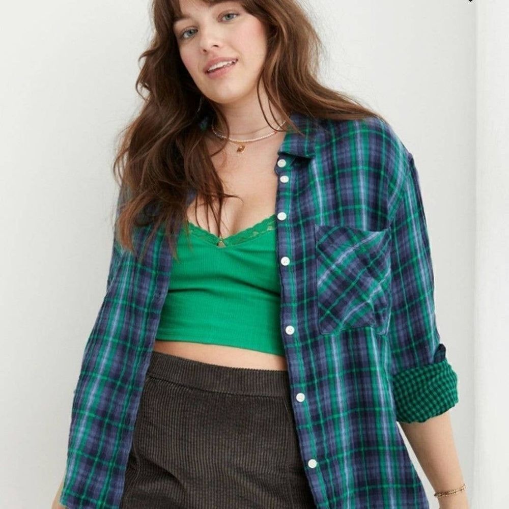 Aerie Flannel Boyfriend Plaid Button Down Pajama Top size S 100% cotton